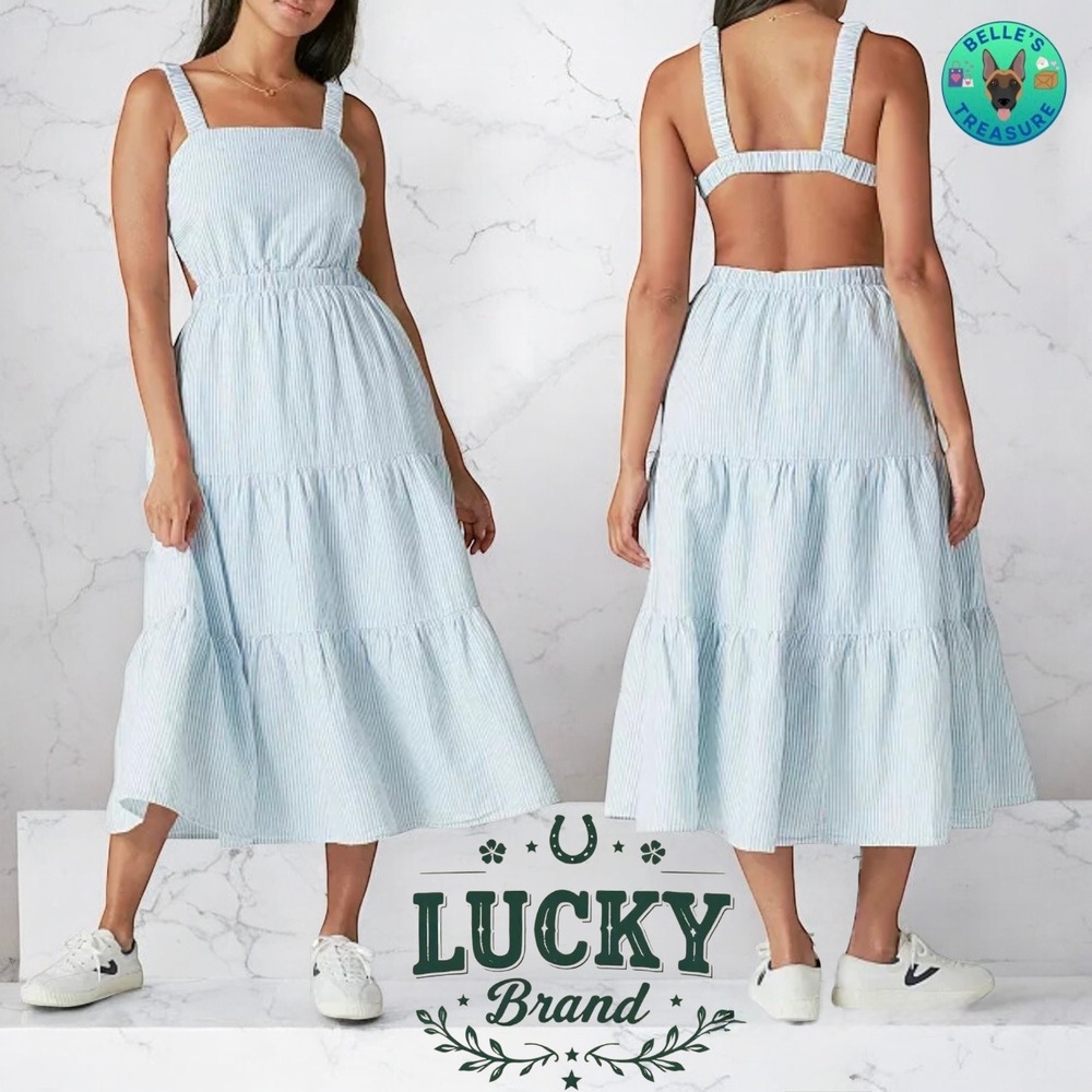 Lucky Brand Dress Womens Large Blue White Striped Open Back Tiered Midi Linen